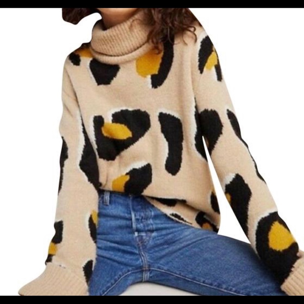 Moth Animal Print Funnel Neck Sweater | Fawn - Khaki Multi | Size L
